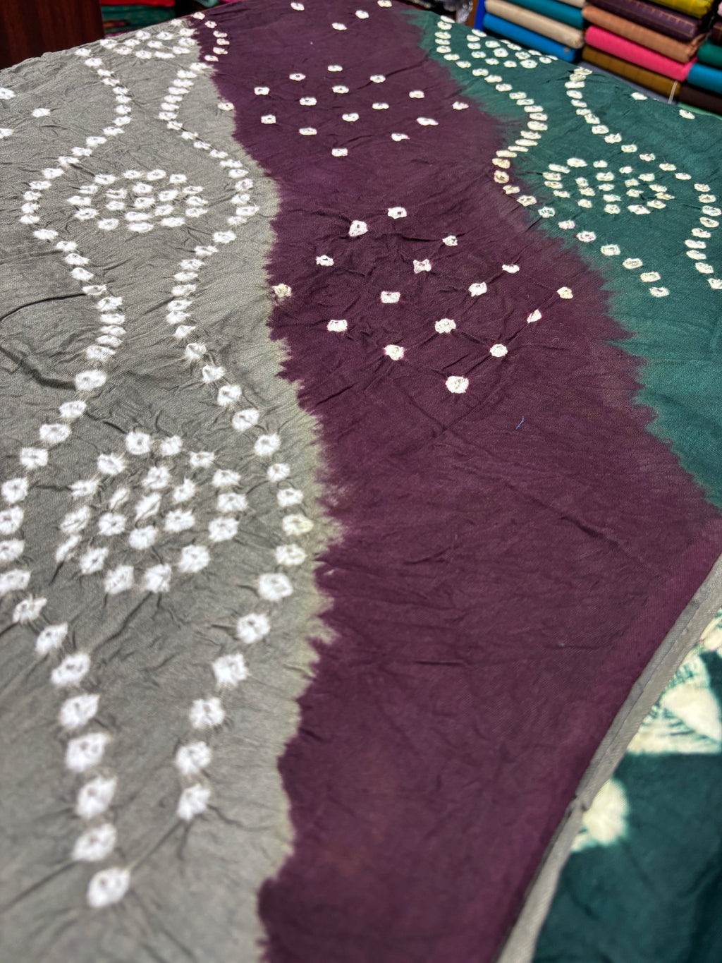 Madurai Pure Cotton Sungudi Chudithar Material Set – Tri-Color Grey, Deep Purple & Bottle Green Unstitched Dress Material