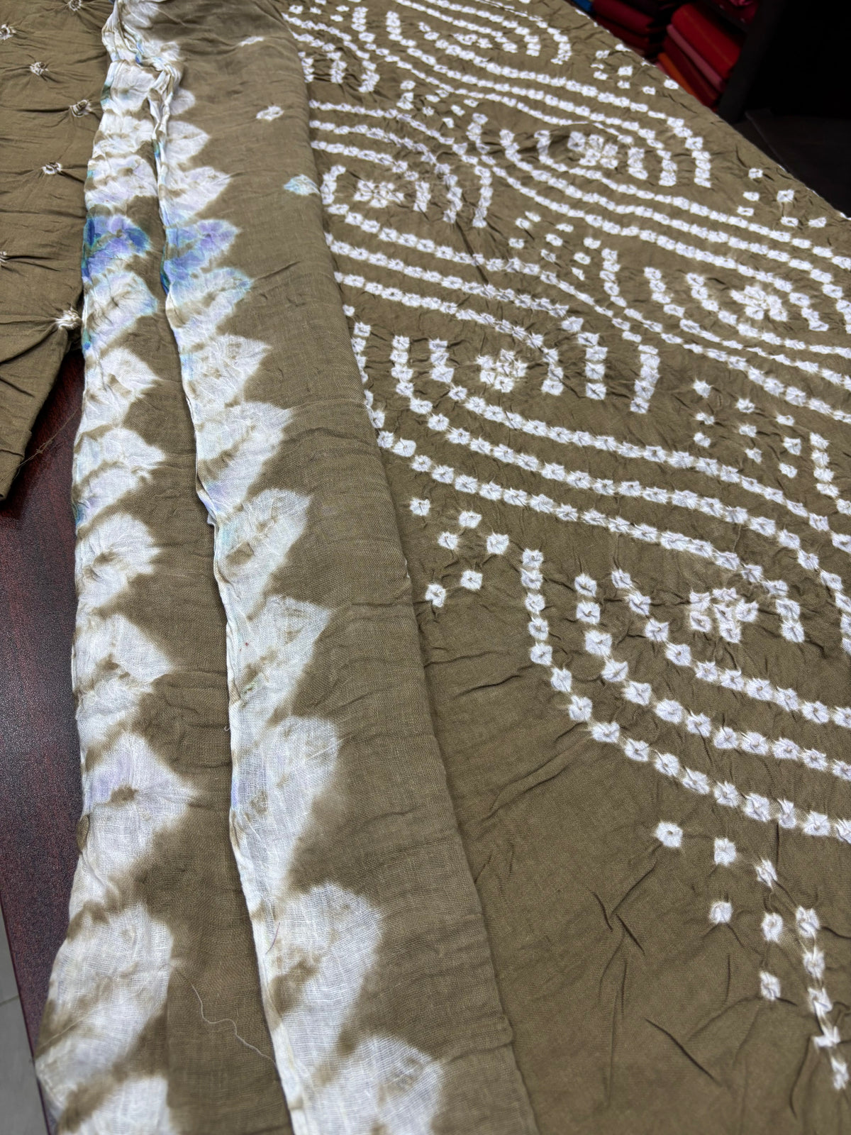Madurai Pure Cotton Sungudi Chudithar Material Set – Olive Brown Handcrafted Bandhani Ethnic Dress Material