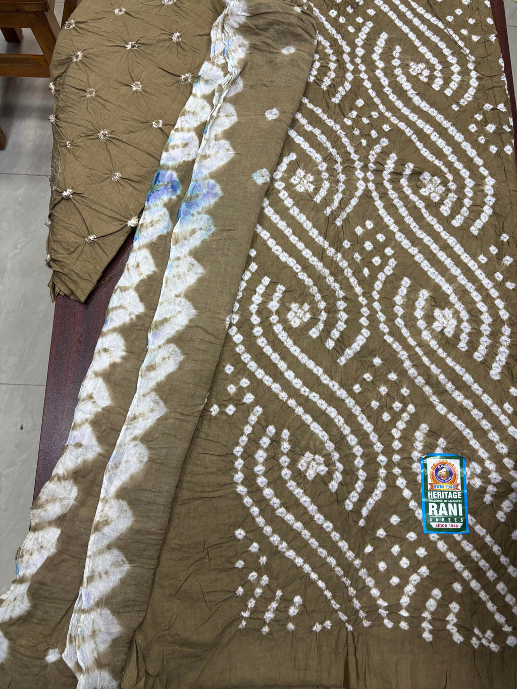 Madurai Pure Cotton Sungudi Chudithar Material Set – Olive Brown Handcrafted Bandhani Ethnic Dress Material
