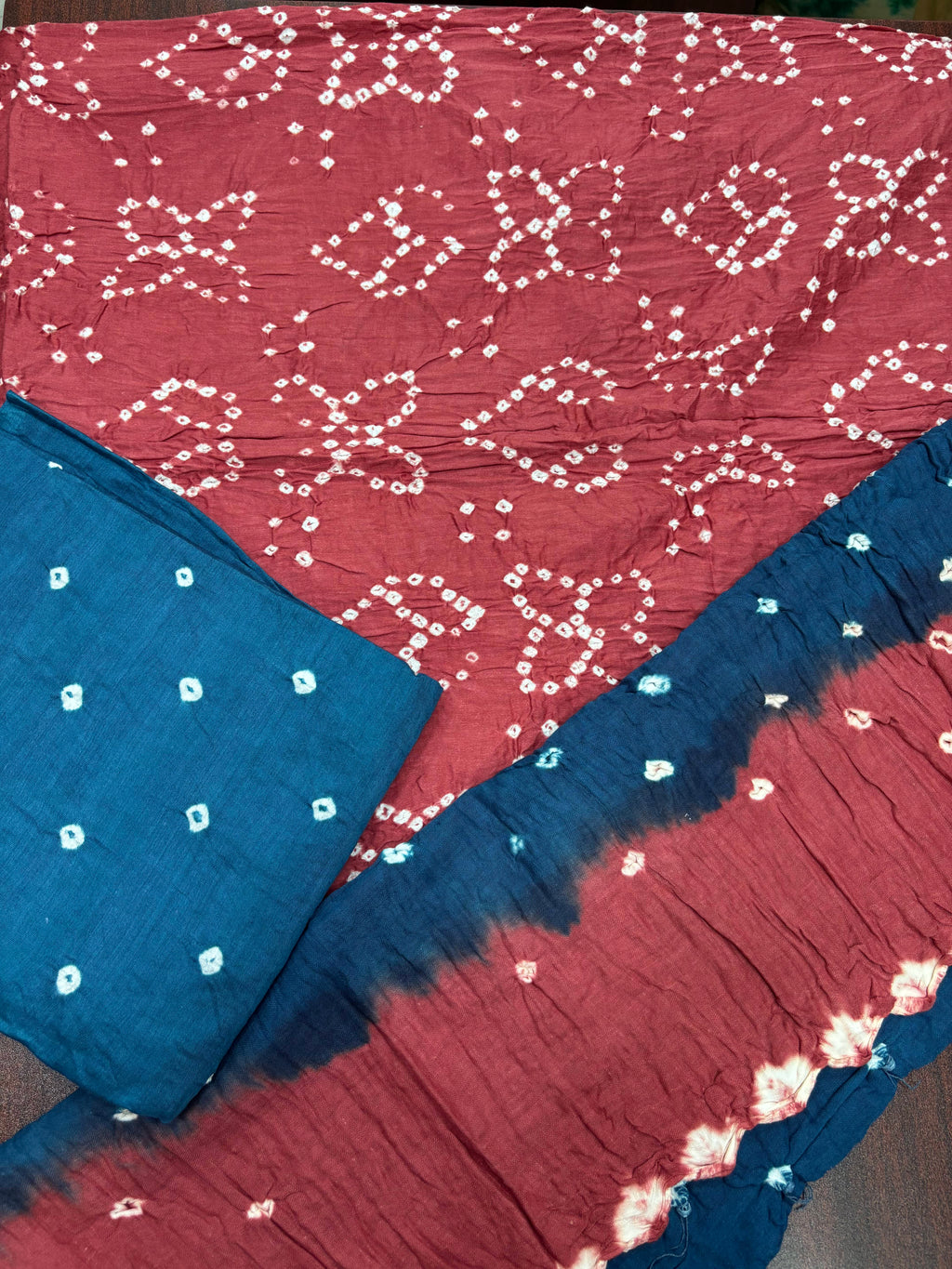 Madurai Pure Cotton Sungudi Chudithar Material Set – Red & Peacock Blue Handcrafted Ethnic Dress Material