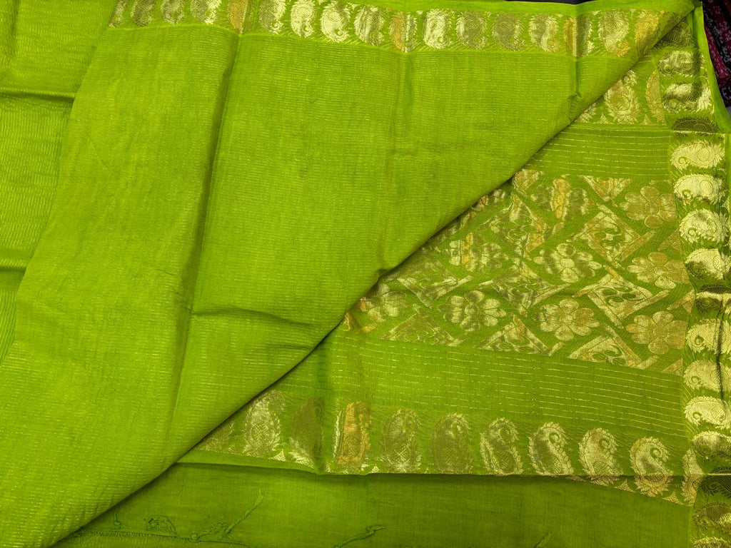 Handloom Saree with Threaded jari design - Parrot Green