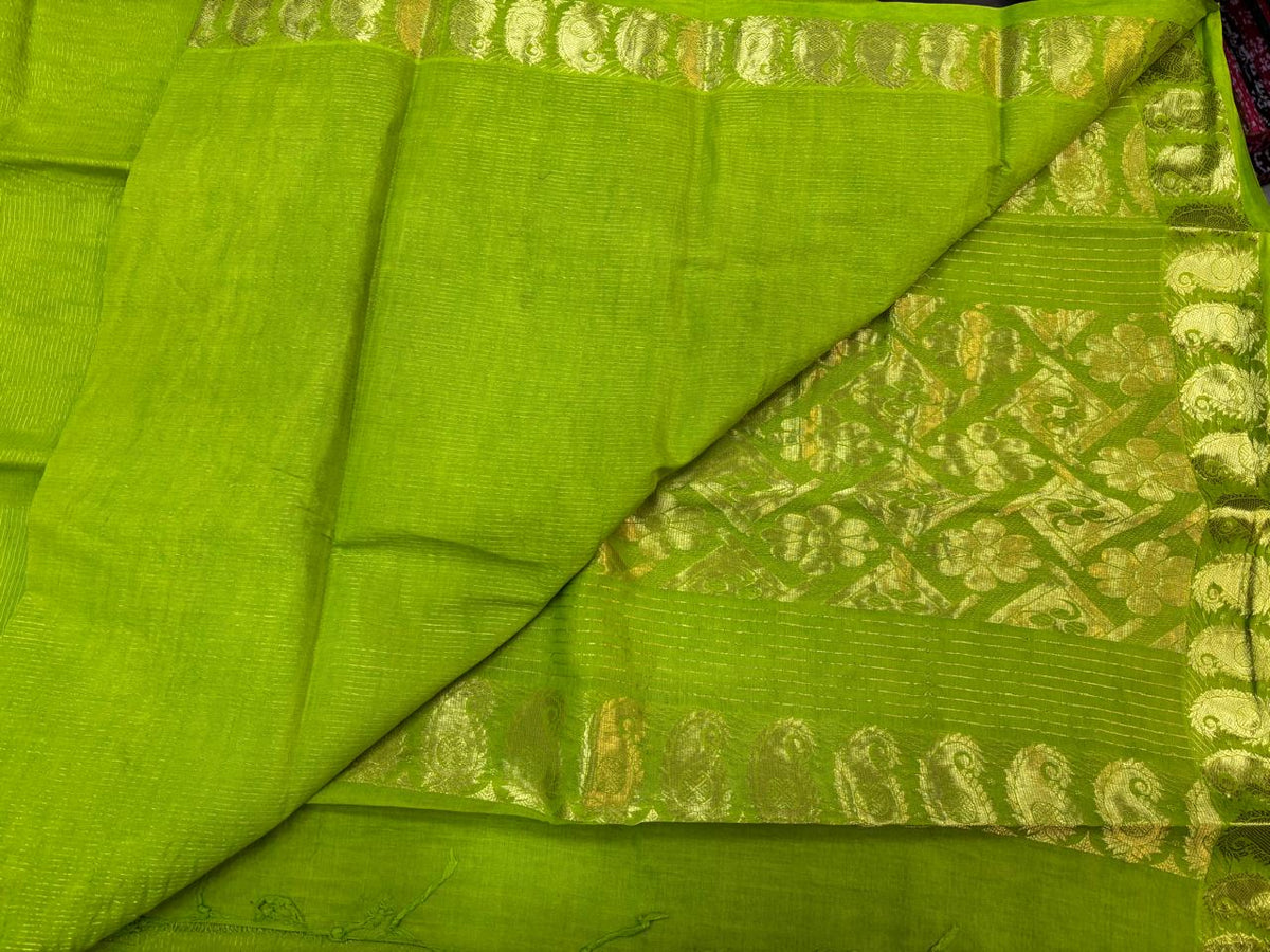 Handloom Saree with Threaded jari design - Parrot Green