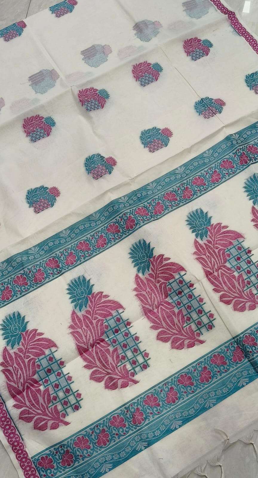 Off-White Negamam Handloom Cotton Saree with Peacock Blue & Pink Floral Motifs