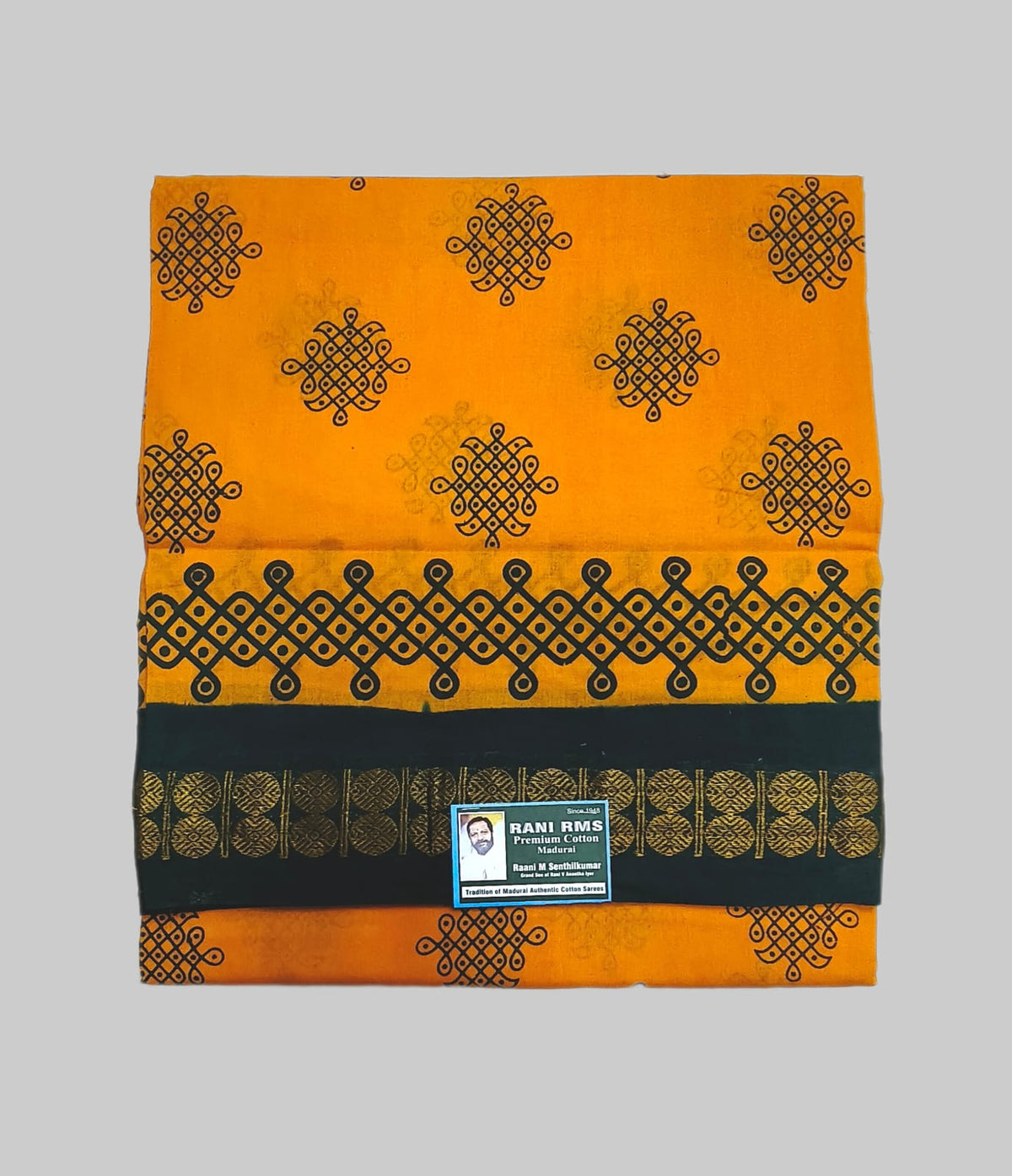 Sungudi Saree - Block Print - Mustard - Kolam - Rangoli