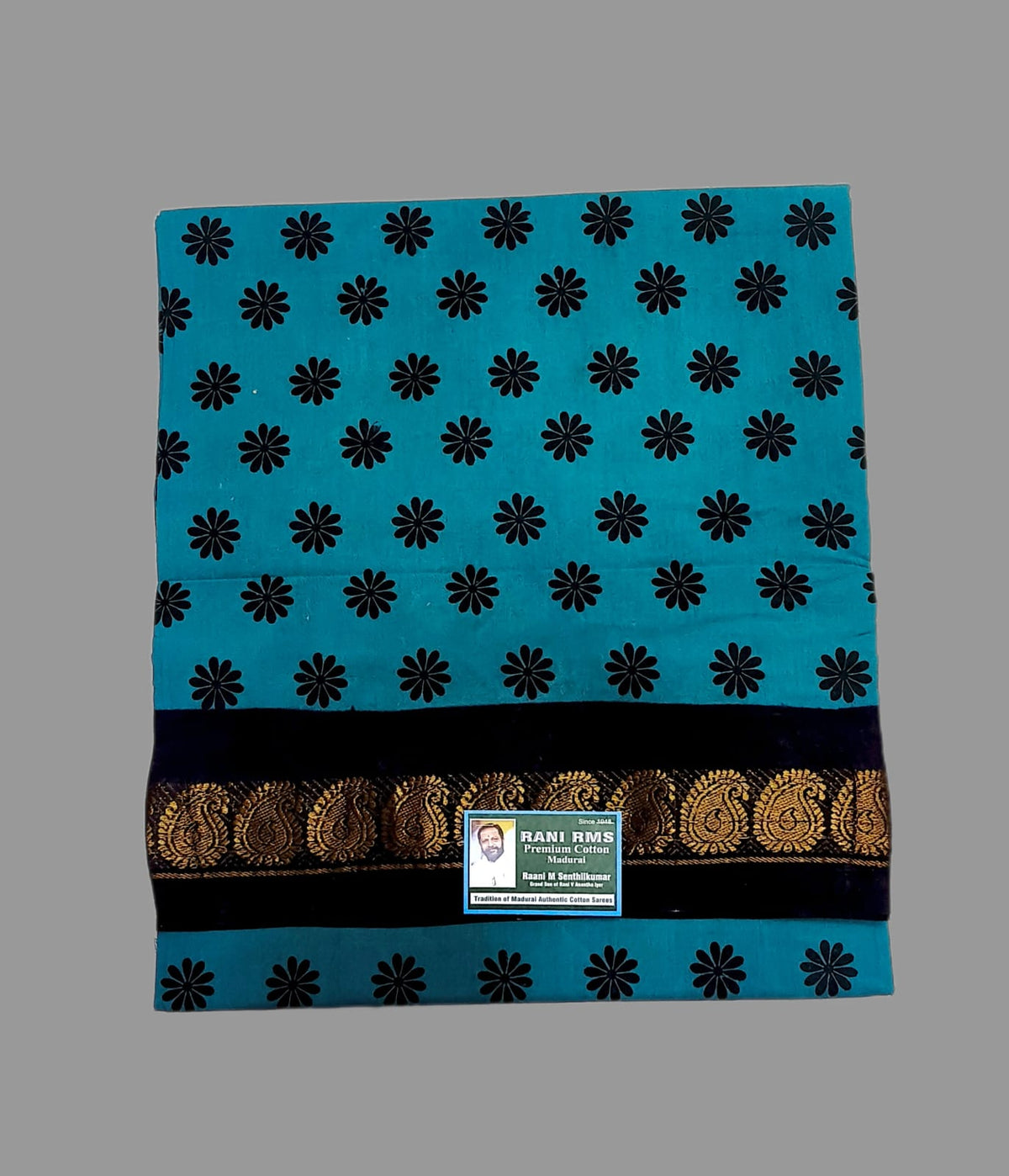 Sungudi Saree - Block Print - Peacock Blue - Sunflower Pattern