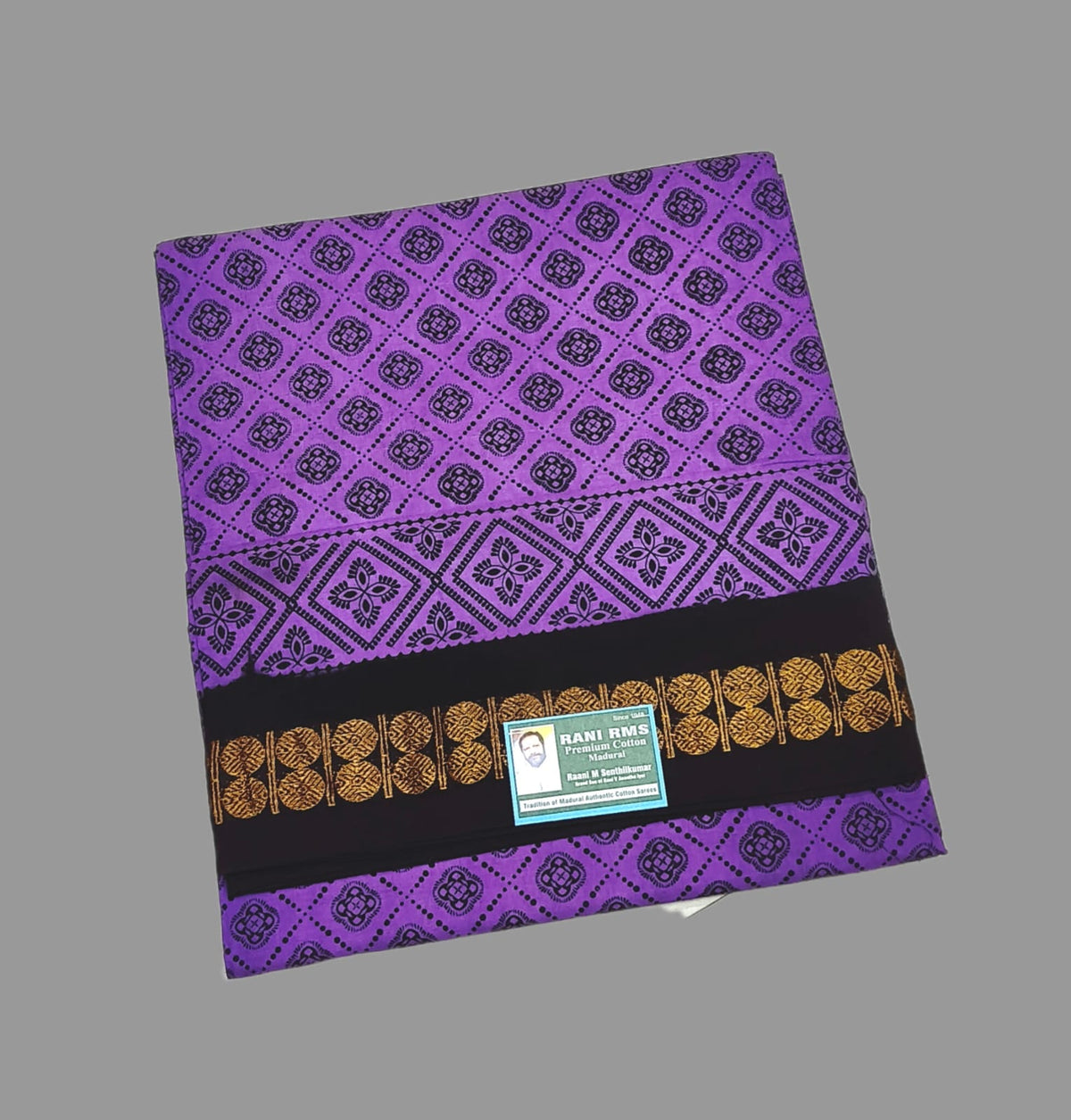 Sungudi Saree - Block Print - Purple - Floral Motif