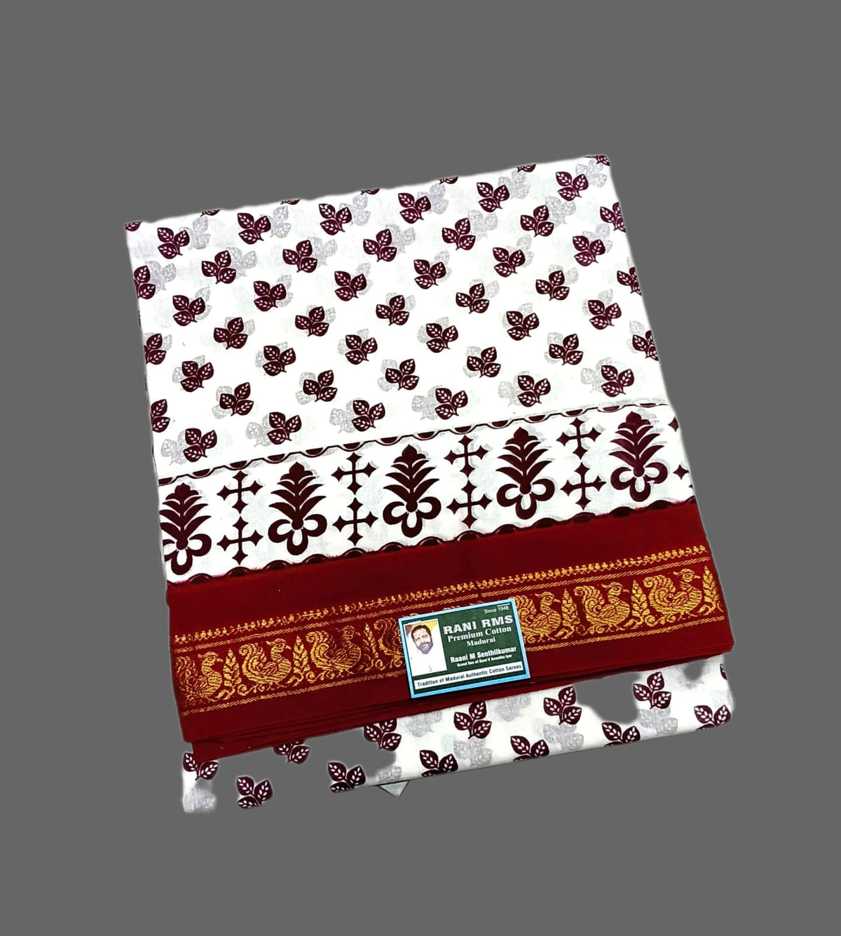 Sungudi Saree - Block Print - White - Leaf Motif