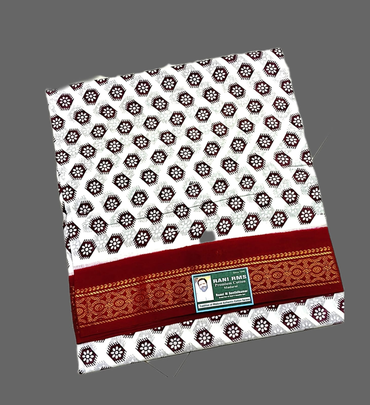 Sungudi Saree - Block Print - White - Floral Motif
