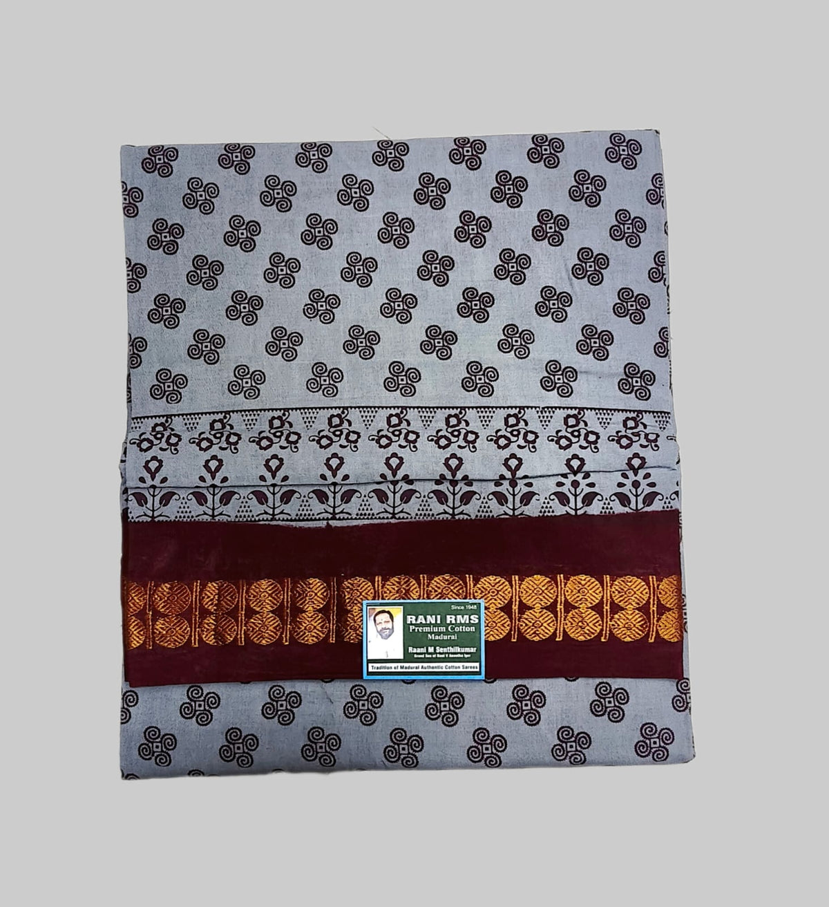 Sungudi Saree - Block Print - Silver Grey - Four Leaf Clover
