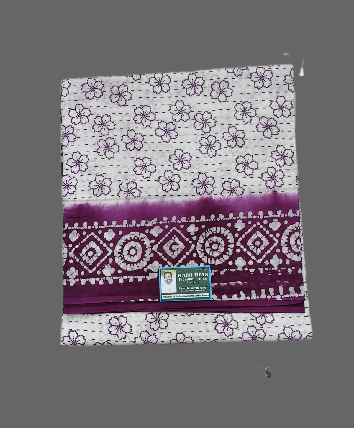 Off-White Madurai Sungudi Cotton Saree with Deep Purple Floral Batik Print