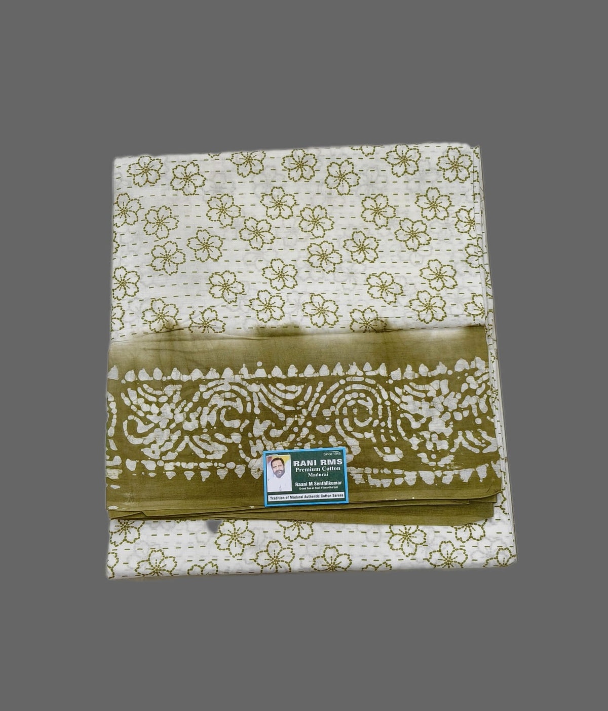 Off-White Madurai Sungudi Cotton Saree with Golden Olive Floral Batik Print
