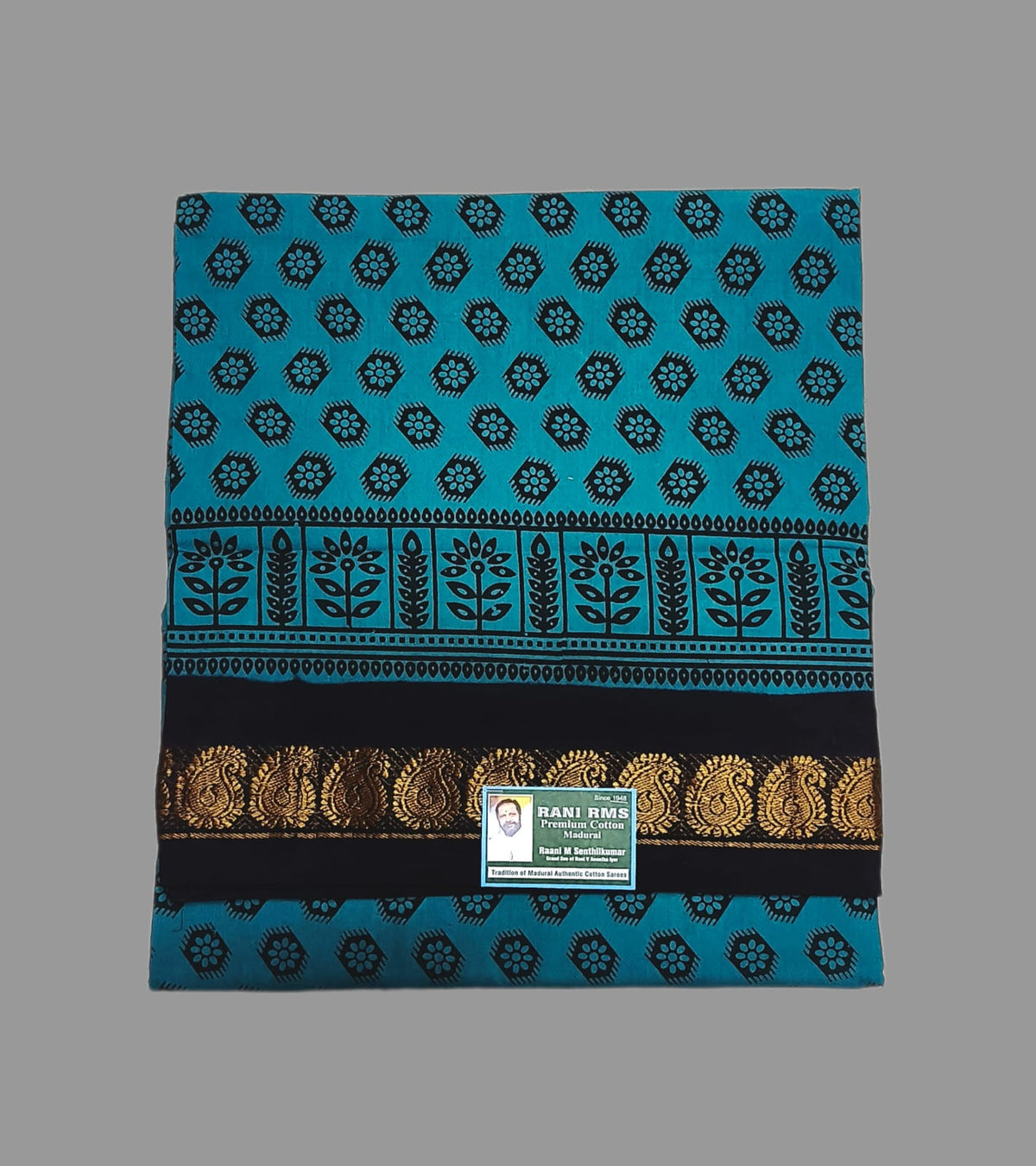 Sungudi Saree - Block Print - Peacock Blue - Floral Motifs